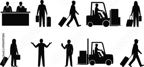 Business people, travelers and warehouse forklift driver silhouettes collection, logistics transportation work, office employees and passengers with luggage vector illustration set