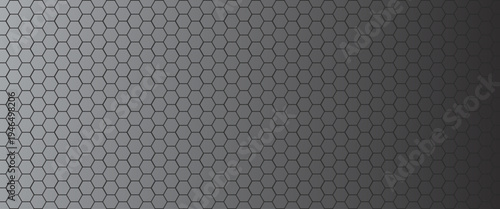 Dark grey abstract wide horizontal banner with hexagon carbon fiber grid and orange luminous lines. Technology vector background with orange neon lines