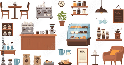 Coffee Shop Interior Elements Vector Collection with Café Counter, Espresso Machines, Pastry Display, Tables, Chairs, Coffee Cups, Shelves, and Barista Equipment