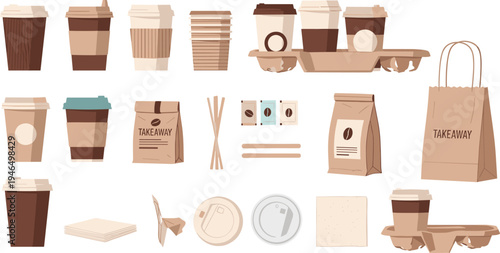 Coffee To Go Packaging Vector Collection with Paper Cups, Lids, Cup Sleeves, Takeaway Bags, Drink Carriers, Sugar Packets, and Disposable Café Accessories