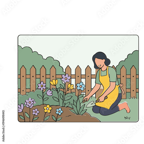 Woman kneeling plants flowers in garden beside wooden picket fence outdoors
