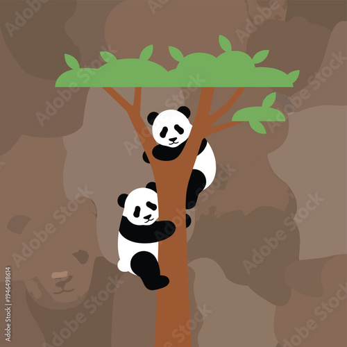 Two Pandas Climbing Tree Flat Design