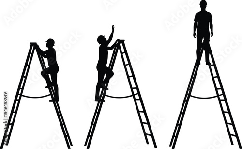 Construction worker ladder silhouettes set, laborer climbing and standing on ladder equipment, professional maintenance workforce activity vector illustration isolated collection