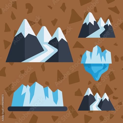 Flat Mountains And Iceberg On Brown Background