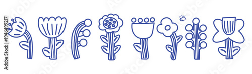 Bold Flowers. Vector naive isolated spring and summer floral illustrations on a transparent background in folk style for icons, stickers, print and design