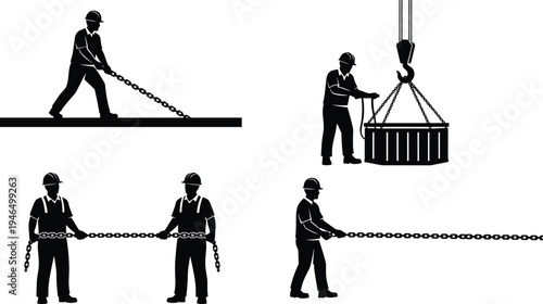 construction workers chain pulling silhouettes, industrial rigging teamwork, crane hook lifting cargo, manual labor safety concept, heavy equipment operation vector illustration