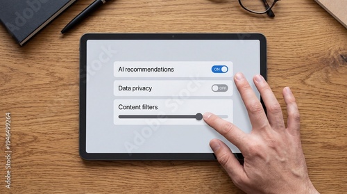 Modern tablet with AI recommendations and data privacy settings on screen