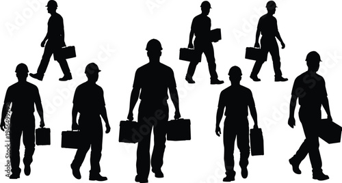 Construction workers carrying toolbox silhouettes set, industrial laborers walking with equipment, builder and technician work concept, professional workforce vector illustration