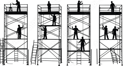 Construction workers on scaffolding performing maintenance and painting tasks, builders working at height on building exterior, industrial labor vector illustration set