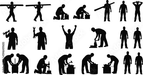 Construction workers performing manual labor with tools and materials silhouettes set, builders carrying beams and repairing equipment, industrial workforce vector illustration