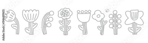 Bold Flowers. Vector naive isolated spring and summer floral illustrations on a transparent background in folk style for icons, stickers, print and design