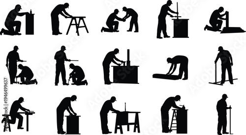 Construction workers performing various tasks silhouettes set, builder and technician working with tools, industrial labor activities collection, professional workforce vector illustration