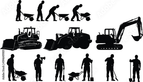 Construction workers with wheelbarrow and heavy equipment silhouettes set, bulldozer and excavator machines, industrial building site labor vector illustration collection