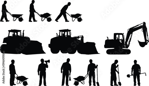Construction workers with wheelbarrow and heavy machinery silhouettes set, bulldozer and excavator equipment, industrial building site labor vector illustration
