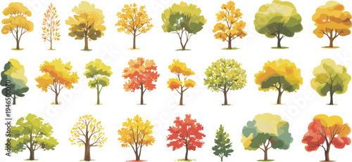 Collection of colorful stylized vector trees with diverse shapes and foliage, decorative forest and botanical elements for landscape design, nature themes, icons, illustrations