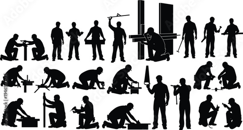 Construction workers silhouettes collection, laborers using tools, measuring, repairing and building structures, professional industrial workforce activity vector illustration isolated set