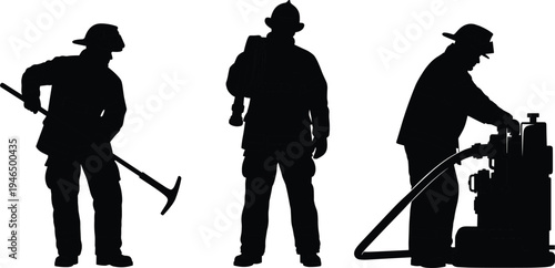 Firefighter silhouettes set, fireman holding axe, carrying equipment and operating fire pump, emergency rescue service worker vector illustration isolated collection
