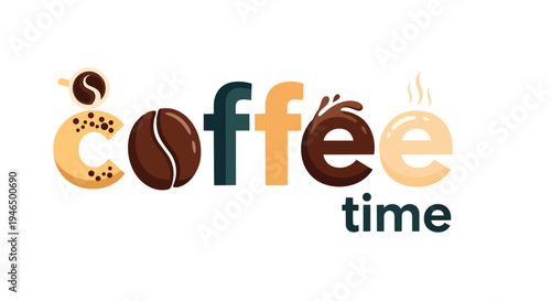 A vibrant stylized graphic illustration depicting the inviting concept of a delightful coffee break, showcasing playful typography and beverage