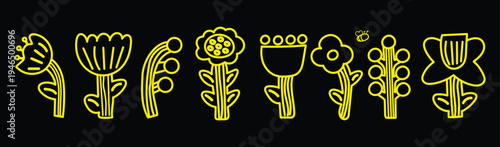 Bold Flowers. Vector naive isolated spring and summer floral illustrations on a transparent background in folk style for icons, stickers, print and design
