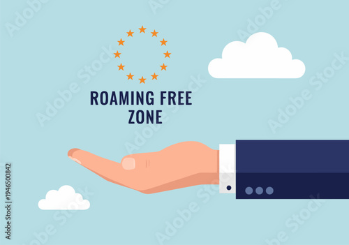 Europe Roaming Free Zone vector illustration with hand and clouds promoting easy communication and travel