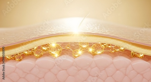 Microscopic view of skin layers being penetrated by golden serum particles for deep hydration effect