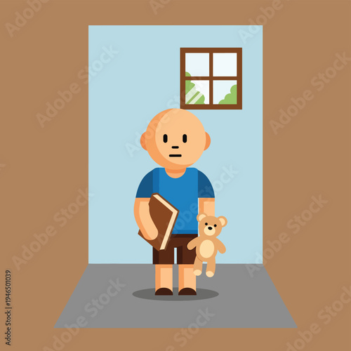 Boy Standing In Room with Book and Teddy Bear