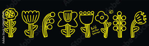 Bold Flowers. Vector naive isolated spring and summer floral illustrations on a transparent background in folk style for icons, stickers, print and design