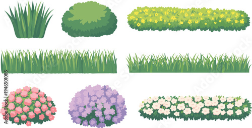 Collection of decorative garden grass bushes and flowering plants vector set isolated landscaping elements with green foliage lawn borders and colorful flower shrubs for design