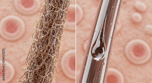 Microscopic view comparing damaged hair fiber structure with a restored and hydrated hair strand