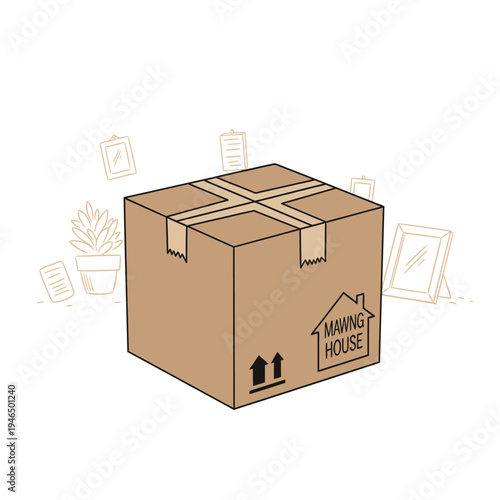 Moving box with house logo, surrounded by sketched home decor items, illustration