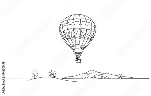 Hot air balloons over landscape one continuous line drawing.