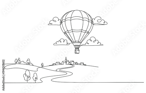 Hot air balloons over landscape one continuous line drawing.
