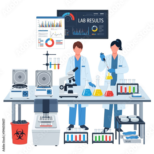 Scientists in Lab Conducting Medical Research, Analyzing Lab Results