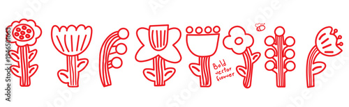 Bold Flowers. Vector naive isolated spring and summer floral illustrations on a transparent background in folk style for icons, stickers, print and design