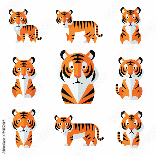 Tiger Cartoon Set Colorful Flat Design
