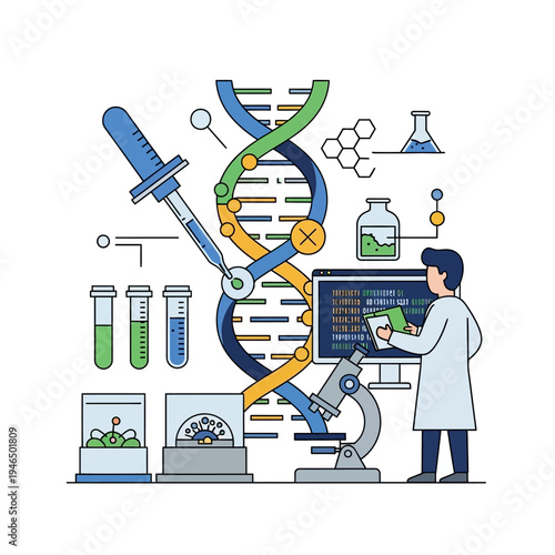Biotechnology research: scientist studying DNA with microscope and equipment