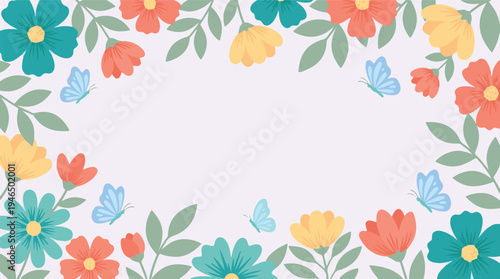 Vibrant spring flower and butterfly border on pastel background