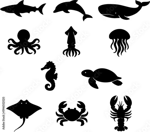 sea animals silhouette icon set flat vector marine collection