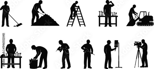 Industrial workers performing different occupations silhouettes set, construction labor, technician, equipment operator and cameraman activities, professional workforce vector illustration collection