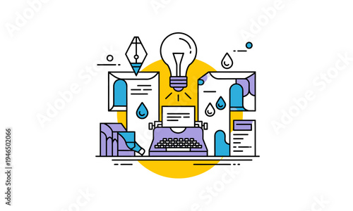 Creative Writing and Content Creation Concept Illustration with Typewriter and Pen Nib