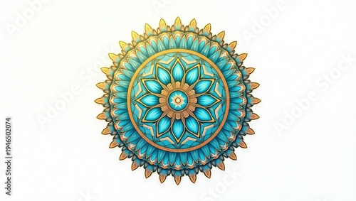 A stylized, symmetrical radial design in vibrant teal and gold hues, with detailed floral and geometric elements.