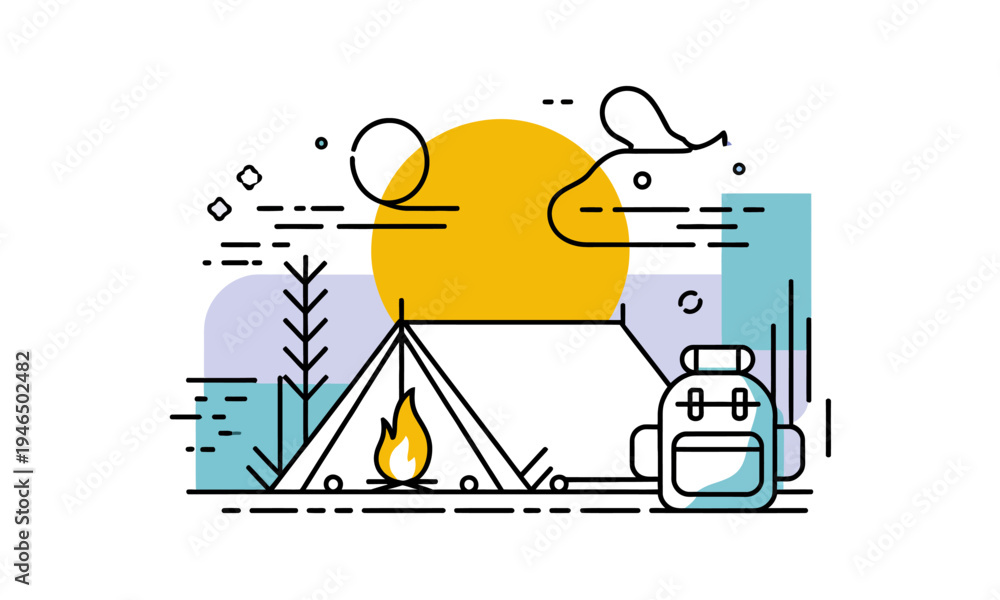 Naklejka premium Minimalist Camping Scene with Tent and Campfire Illustration
