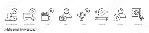 Content Creator Icon Set. Icon set includes Content Creation, Content Creator, Video, Vlog, Podcast, Streaming, Youtuber, Video Editing.