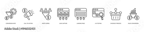 Conversion Rate Icon Set. Icon set includes Conversion Rate, Call To Action, Sales Funnel, Lead Capture, Landing Page, A B Testing, Checkout Process, Sales. Conversion