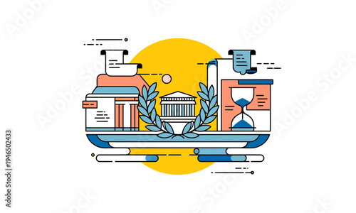 Law Justice and Education Concept Illustration with Ancient Temple Scroll and Laurel Wreath