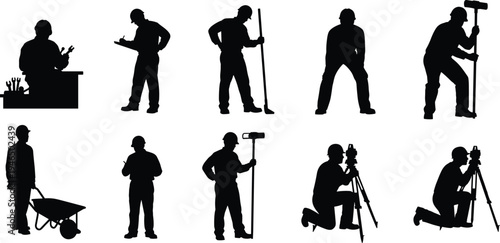 Professional workers silhouettes set, technician, construction laborer, surveyor and cameraman performing different occupations, industrial workforce vector illustration collection