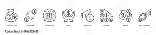 Cost Reduction Icon Set. Icon set includes Cost Reduction, Cost Efficiency, Optimization, Saving, Reduction, Decrease, Budget, Asset Utilization.