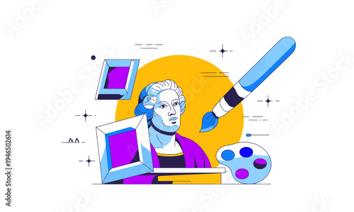 Modern Flat Illustration of a Classical Portrait Bust with Geometric Picture Frames