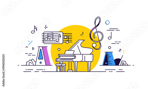 Musical elements and piano illustration