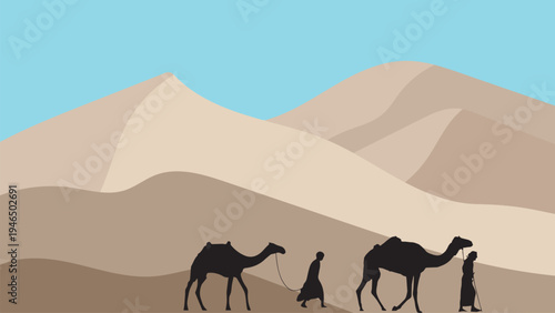 Timeless Journey A Silhouetted Desert Caravan Navigating Vast Sand Dunes Under a Clear Sky